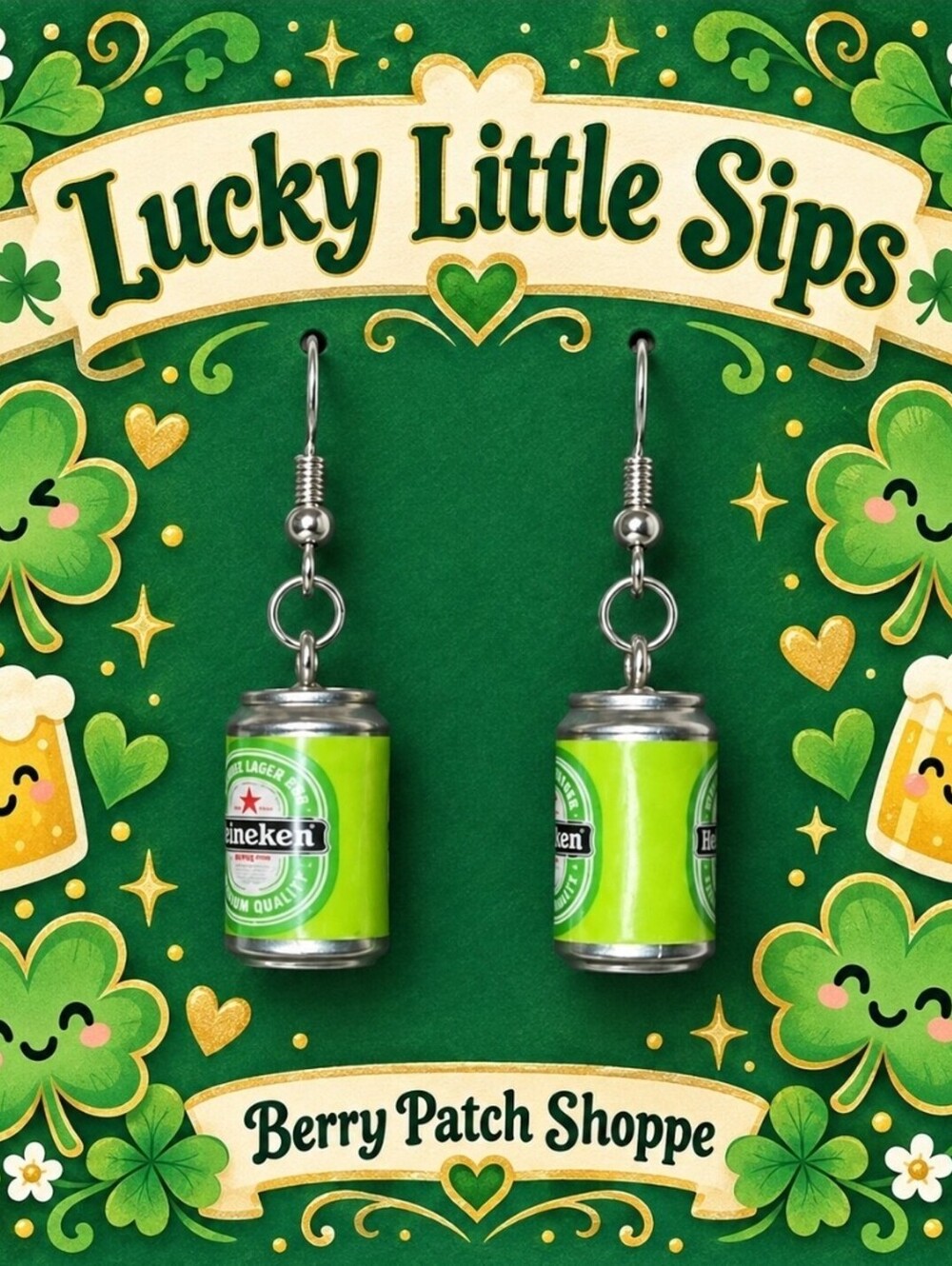 Irish Pub Mini Heineken Beer Can St. Patrick's Day Hypoallergenic Earrings
